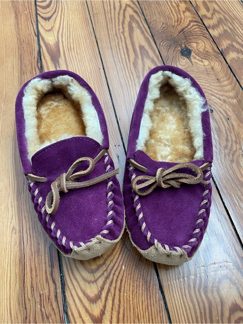L.L. Bean Purple Suede Kids' Moccasin Slippers with Tan Trim